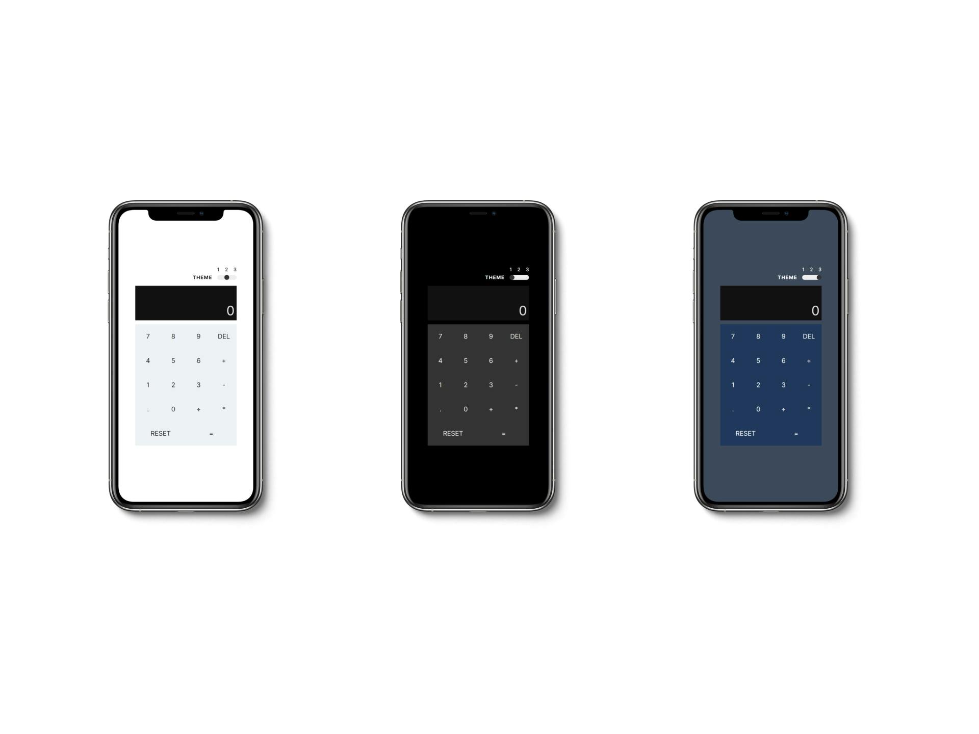 A series of iPhone screens with a calculator in three different themes