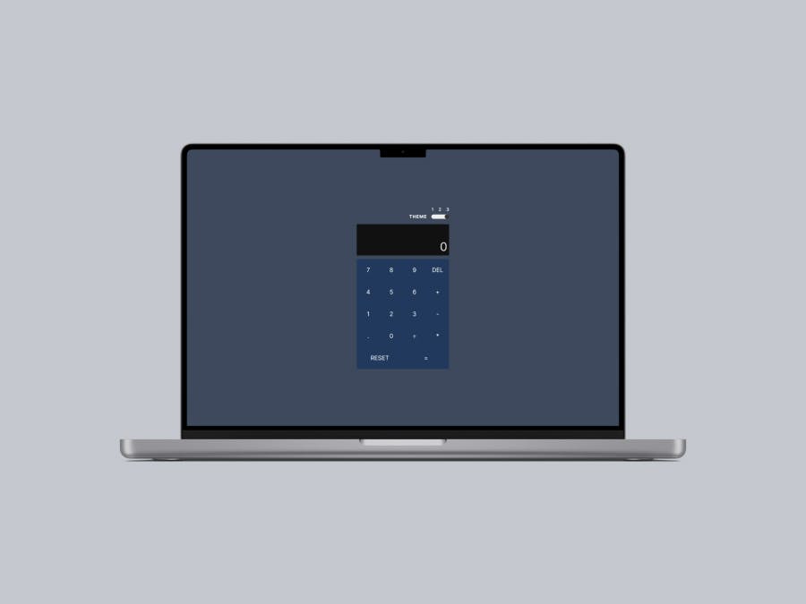 A dark-themed calculator application on a tablet screen, with a keyboard attached against a deep grey background