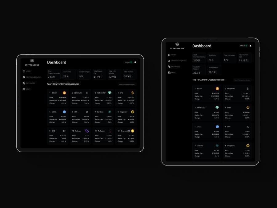 A mockup of a crypto application on two iPads, one in landscape and the other in portrait orientation