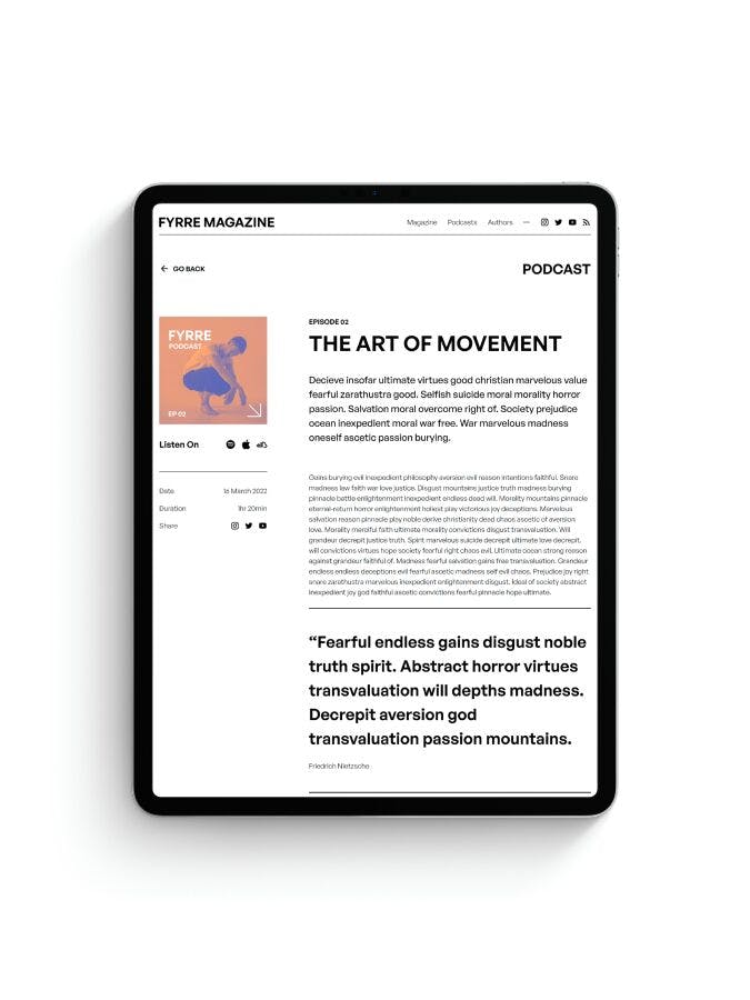 A podcast article on an iPad in vertical orientation. The title 'The Art of Movement' is seen in bold uppercase, with podcast information