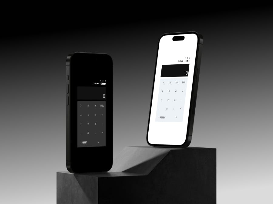 Two iPhones standing upright on a stair-like surface, showing two different themes of a calculator app