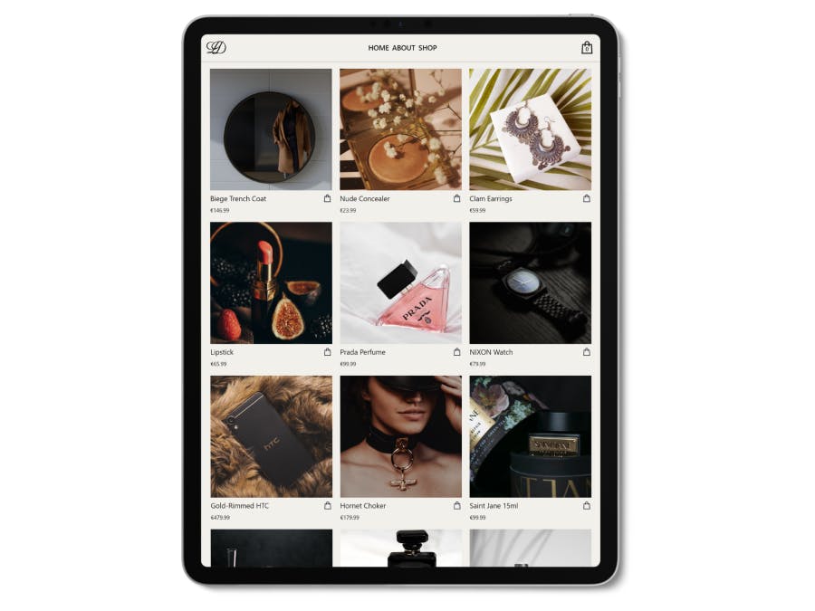 A luxury e-commerce site on an iPad against a white backdrop