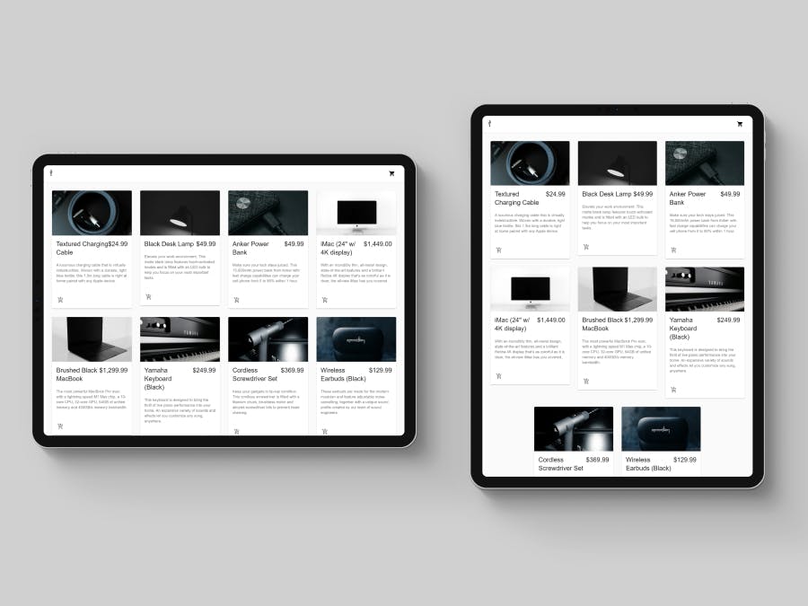 A top-down view of portrait and landscape oriented iPads with an ecommerce site on them