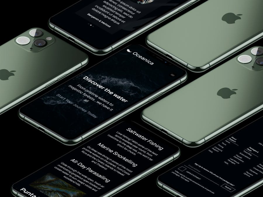 Different sections of a web page on four iPhone screens, laid side by side
